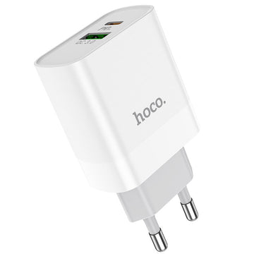 Incarcator Retea + Cablu Lightning Hoco C80A, 20W, 5V, 3.1A, 1xUSB-C, 1xUSB-A, PD, QC 3.0 - Alb