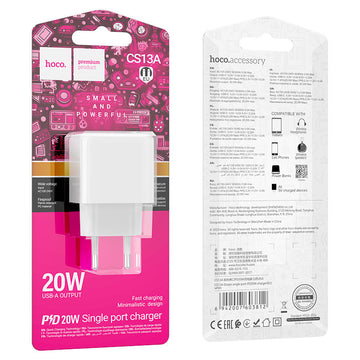 Incarcator Retea Hoco CS13A, 20W, 1xUSB-C, PD - Alb