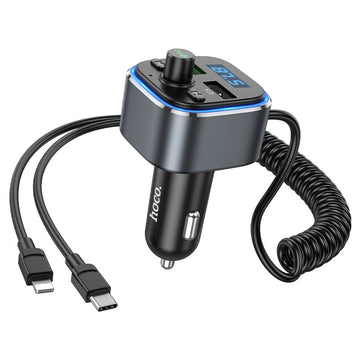 Modulator FM Hoco E74, 18W, 2xUSB-A, QC 3.0, + Cablu Extensibil 2in1 - Argintiu