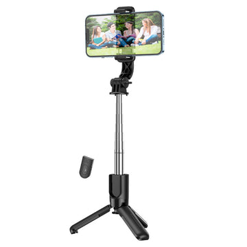 Suport Stand Selfie Hoco K17, 2 in 1, Mini Telescopic, Inox, cu Telecomanda BT - Negru