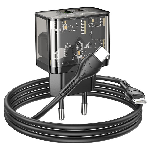 Incarcator Retea + Cablu USB-C Hoco N34, 20W, 1xUSB-C, 1xUSB-A, PD, QC 3.0, Clear - Negru