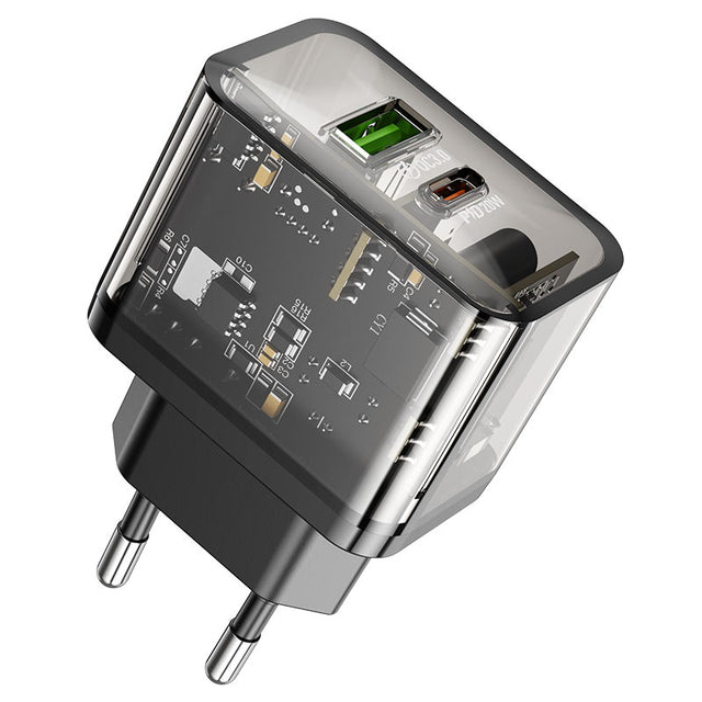 Incarcator Retea Hoco N34, 20W, 1xUSB-C, 1xUSB-A, PD, QC 3.0, Clear - Negru