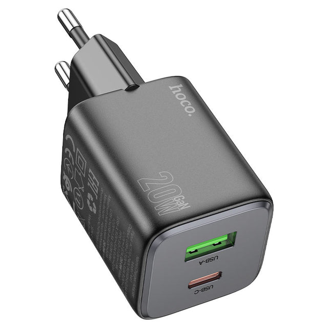 Incarcator Retea Hoco N41, 20W, 1xUSB-C, 1xUSB-A, PD, QC 3.0 - Negru
