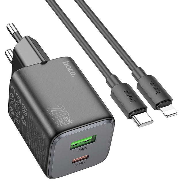 Incarcator Retea + Cablu Lightning Hoco N41, 20W, 1xUSB-C, 1xUSB-A, PD, QC 3.0 - Negru