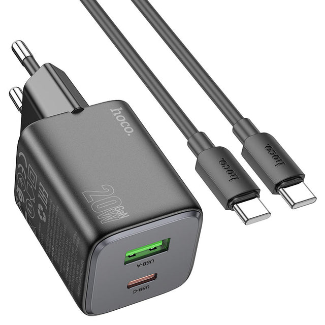 Incarcator Retea + Cablu USB-C Hoco N41, 20W, 1xUSB-C, 1xUSB-A, PD, QC 3.0 - Negru