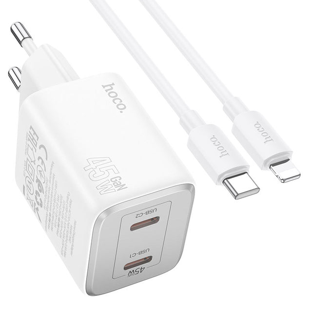 Incarcator Retea + Cablu Lightning Hoco N42, 45W, 2xUSB-A - Alb