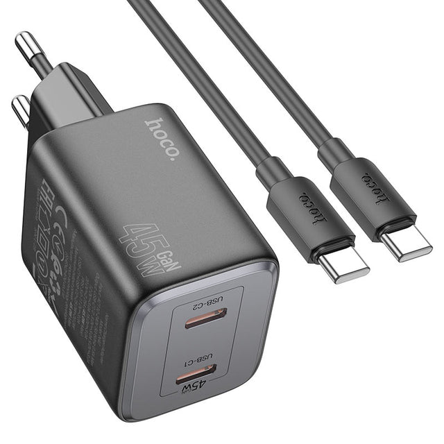 Incarcator Retea + Cablu USB-C Hoco N42, 45W, 2xUSB-A - Negru