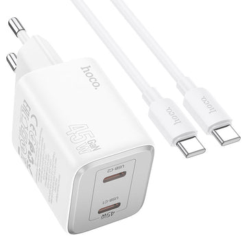 Incarcator Retea + Cablu USB-C Hoco N42, 45W, 2xUSB-A - Alb