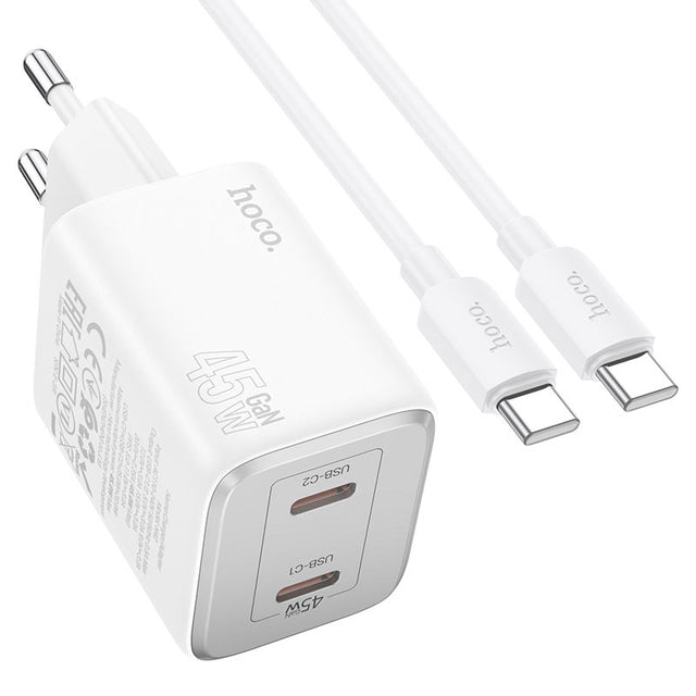 Incarcator Retea + Cablu USB-C Hoco N42, 45W, 2xUSB-A - Alb