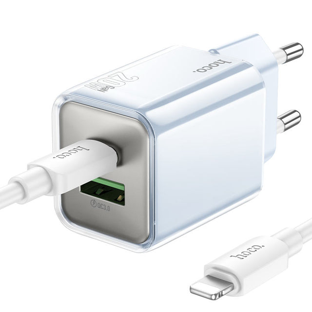 Incarcator Retea + Cablu Lightning Hoco N46, 1m, PD20W, 1xUSB-C, 1xUSB-A - Albastru