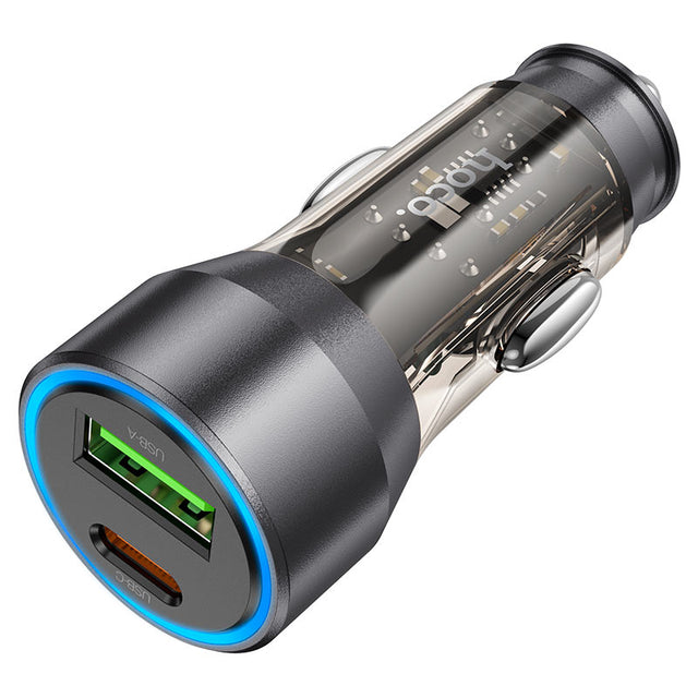 Incarcator Auto Hoco NZ12A, 25W, 1xUSB-C, 1xUSB-A, PD, QC 3.0, Clear - Negru