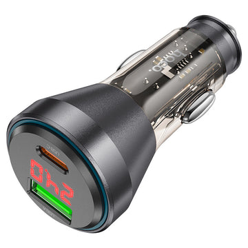 Incarcator Auto Hoco NZ12B, 30W, 1xUSB-C, 1xUSB-A, PD, QC 3.0, Power LED, Clear - Negru