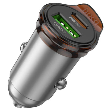 Incarcator Auto + Cablu Lightning Hoco NZ16A, 43W, PD25W+QC3.0, 1xUSB-A, 1xUSB-C - Gri