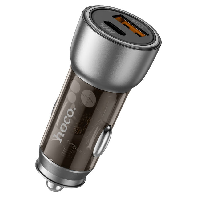 Incarcator Auto + Cablu Lightning Hoco NZ8, 45W, 1xUSB-C, 1xUSB-A, PD, QC 3.0, Clear - Mar