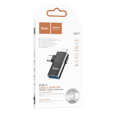 Adaptor OTG Transfer/Incarcare Hoco UA17, USB-A la Lightning / USB-C, 2 in 1 - Negru