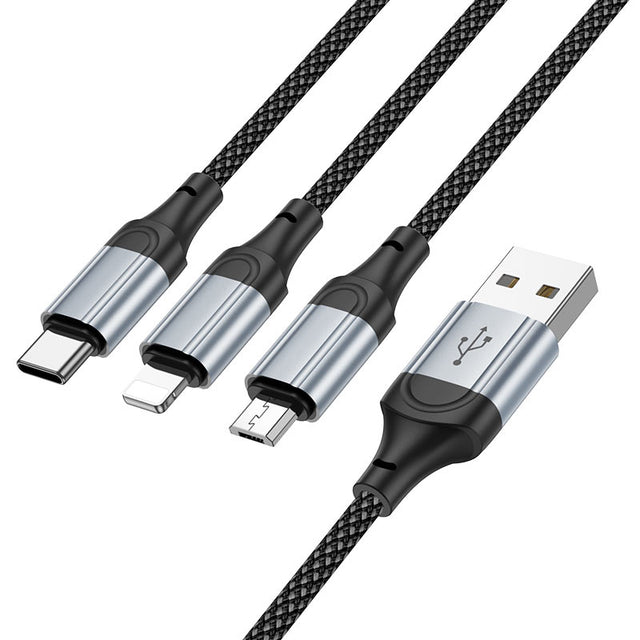 Cablu Date si Incarcare, USB-A la Lightning / MicroUSB / USB-C, 3 in 1, 1m, Negru