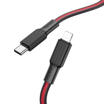 Cablu Date si Incarcare Hoco X69, USB-C la Lightning, PD20W, QC3.0, Flat, Braided, 1m - Negru / Rosu
