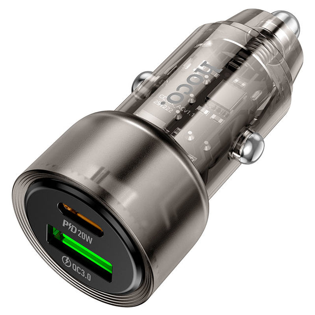 Incarcator Auto Hoco Z52, 38W, 1xUSB-C, 1xUSB QC3.0, Fast - Transparent / Negru