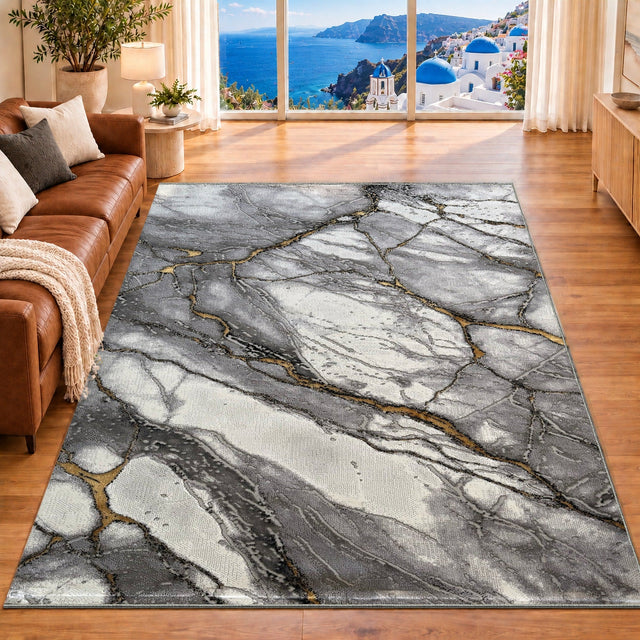Covor LIROFE Imperial Carrara Gri Auriu întreg, într-un living luminos cu ferestre mari