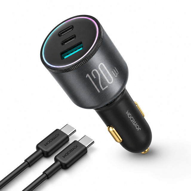 Incarcator auto Joyroom JR-CCN07, 120W, 3 porturi 2xUSB-C + USB, incarcare rapida, cablu inclus, gri - imagine 1