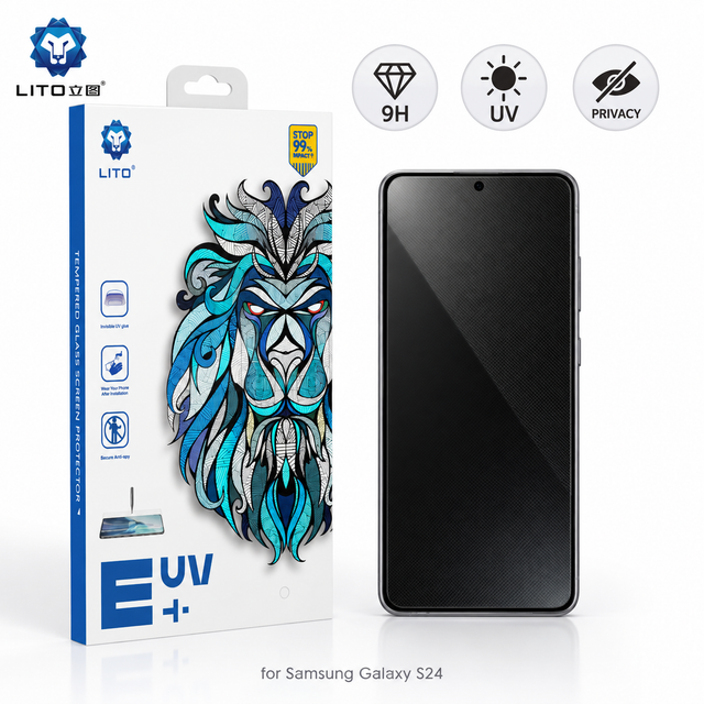 Folie Sticla UV Privacy Lito pentru Samsung Galaxy S24, Instalare AUTOMATA cu UV Kit Box, Protectie Extinsa 9H, Anti-Spy Fumurie, 6.2 inch - imagine 1