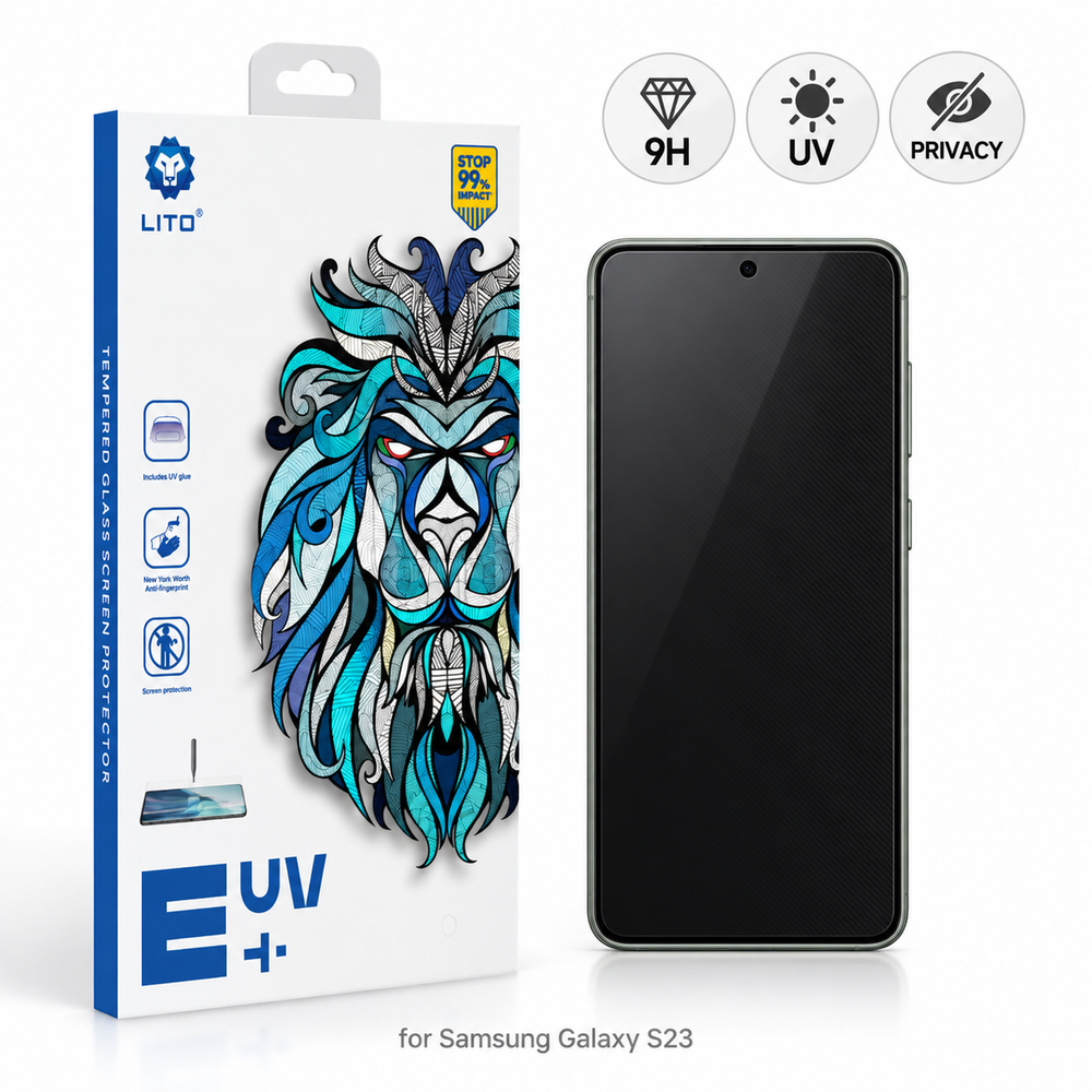 Folie Sticla UV Privacy Lito pentru Samsung Galaxy S23, Instalare AUTOMATA cu UV Kit Box, Protectie Extinsa 9H, Anti-Spy Fumurie, 6.1 inch