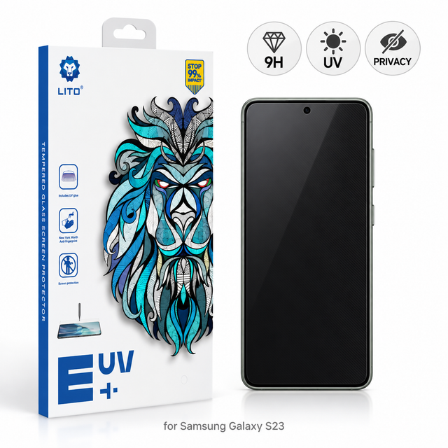Folie Sticla UV Privacy Lito pentru Samsung Galaxy S23, Instalare AUTOMATA cu UV Kit Box, Protectie Extinsa 9H, Anti-Spy Fumurie, 6.1 inch - imagine 1