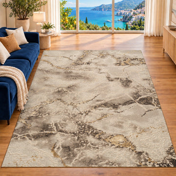 Covor Lirofe Imperial Diamant Crem Auriu - Efect Geometric Stralucitor Modern - Living, Sufragerie, Dormitor, Bucatarie, Hol - Fir Scurt 12 mm, Usor de Curatat