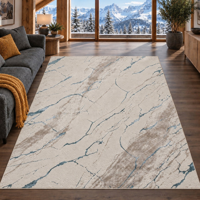 Covor Lirofe Royal Turcoaz Crem - Efect Marmura Stralucitor Modern - Living, Sufragerie, Dormitor, Bucatarie, Hol - Fir Scurt 11 mm, Usor de Curatat
