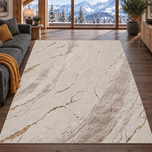 Covor Lirofe Royal Crem Gold - Efect Marmura Stralucitor Modern - Living, Sufragerie, Dormitor, Bucatarie, Hol - Fir Scurt 11 mm, Usor de Curatat