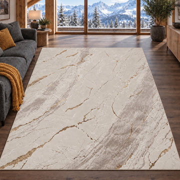 Covor Lirofe Royal Crem Gold - Efect Marmura Stralucitor Modern - Living, Sufragerie, Dormitor, Bucatarie, Hol - Fir Scurt 11 mm, Usor de Curatat