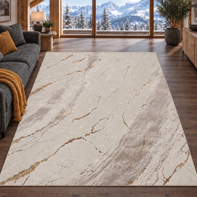 Covor Lirofe Royal Crem Gold - Efect Marmura Stralucitor Modern - Living, Sufragerie, Dormitor, Bucatarie, Hol - Fir Scurt 11 mm, Usor de Curatat