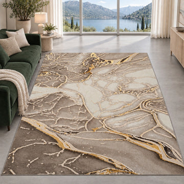 Covor Lirofe Imperial Vulcan Bej Auriu - Efect Piatra Naturala Modern - Living, Sufragerie, Dormitor, Bucatarie, Hol - Fir Scurt 12 mm, Usor de Curatat