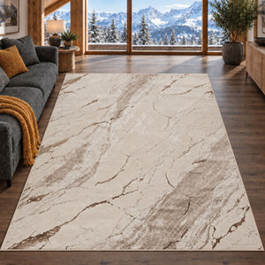 Covor Lirofe Royal Crem Maro - Efect Marmura Stralucitor Modern - Living, Sufragerie, Dormitor, Bucatarie, Hol - Fir Scurt 11 mm, Usor de Curatat