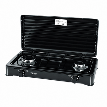 Aragaz cu 2 Ochiuri Zilan pe Gaz GPL - Corp Emailat Negru, Capac Superior Vopsit Electrostatic, Arzatoare din Aluminiu, Functionare Simultana