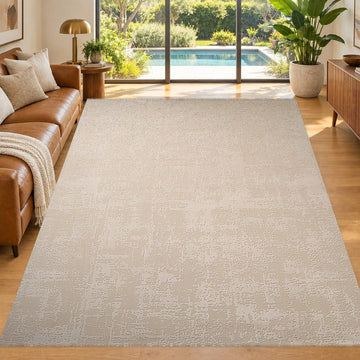 Covor Lirofe Stone Pure Crem Bej Deschis - Efect Beton Vintage Modern - Living, Sufragerie, Dormitor, Bucatarie, Hol - Fir Scurt 11 mm, Usor de Curatat
