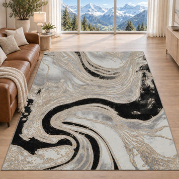 Covor Lirofe Imperial Obsidian Gri Auriu - Efect Marmura Eleganta Modern - Living, Sufragerie, Dormitor, Bucatarie, Hol - Fir Scurt 12 mm, Usor de Curatat