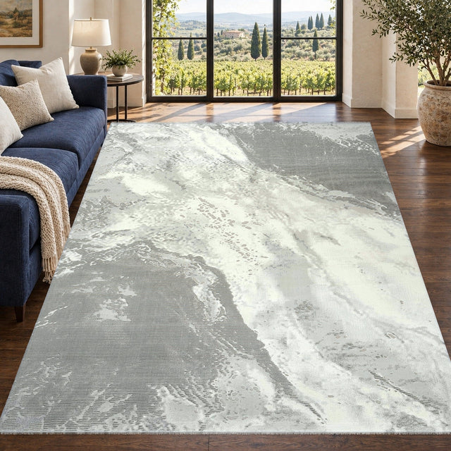 Covor Lirofe Stone Urban Gri Argintiu - Efect Marmura Stralucitor Modern - Living, Sufragerie, Dormitor, Bucatarie, Hol - Fir Scurt 11 mm, Usor de Curatat
