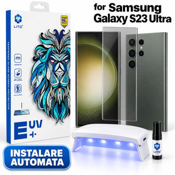 Folie Sticla UV Clear Lito pentru Samsung Galaxy S23 Ultra, Instalare AUTOMATA cu UV Kit Box, Protectie Extinsa 9H, Ultra Clear Transparenta, 6.8 inch
