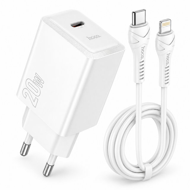 Incarcator Retea Hoco N68, PD20W, USB-C + Cablu Lightning, 1m, Fast Charging - Alb
