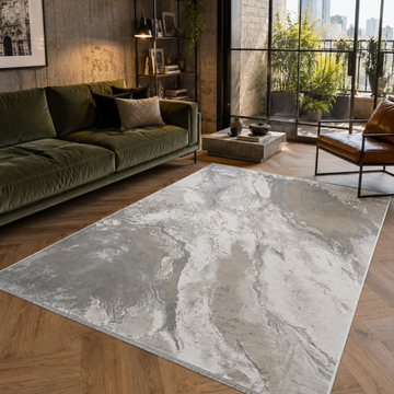 Covor Lirofe Stone Urban Crem Argintiu - Efect Marmura Stralucitor Modern - Living, Sufragerie, Dormitor, Bucatarie, Hol - Fir Scurt 11 mm, Usor de Curatat