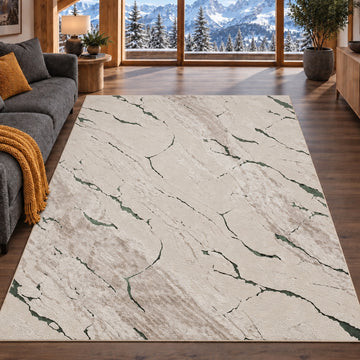 Covor Lirofe Royal Crem Verde - Efect Marmura Stralucitor Modern - Living, Sufragerie, Dormitor, Bucatarie, Hol - Fir Scurt 11 mm, Usor de Curatat