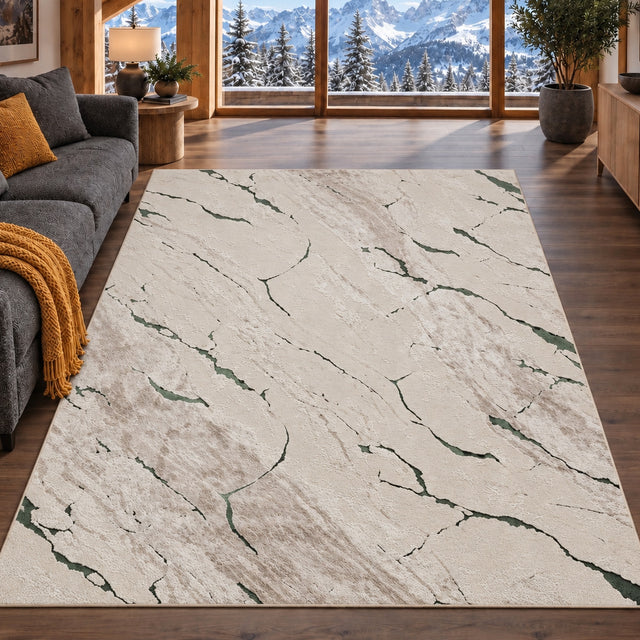 Covor Lirofe Royal Crem Verde - Efect Marmura Stralucitor Modern - Living, Sufragerie, Dormitor, Bucatarie, Hol - Fir Scurt 11 mm, Usor de Curatat