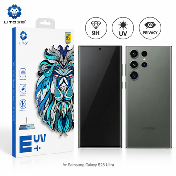 Folie Sticla UV Privacy Lito pentru Samsung Galaxy S23 Ultra, Instalare AUTOMATA cu UV Kit Box, Protectie Extinsa 9H, Anti-Spy Fumurie, 6.8 inch