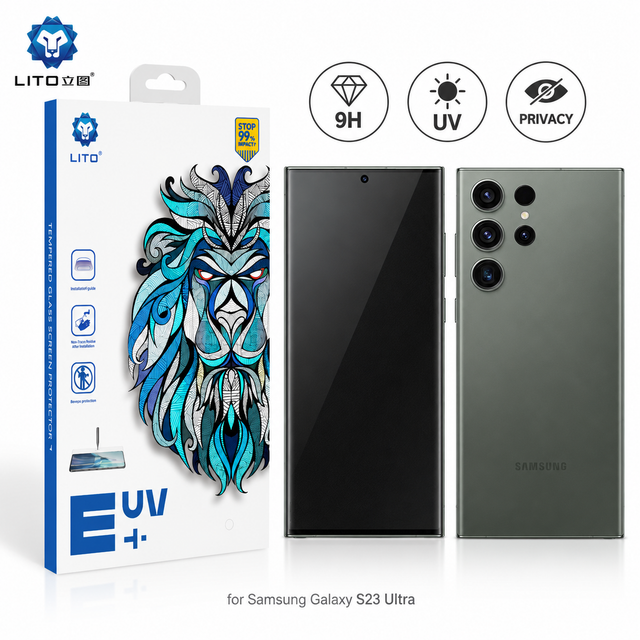 Folie Sticla UV Privacy Lito pentru Samsung Galaxy S23 Ultra, Instalare AUTOMATA cu UV Kit Box, Protectie Extinsa 9H, Anti-Spy Fumurie, 6.8 inch - imagine 1