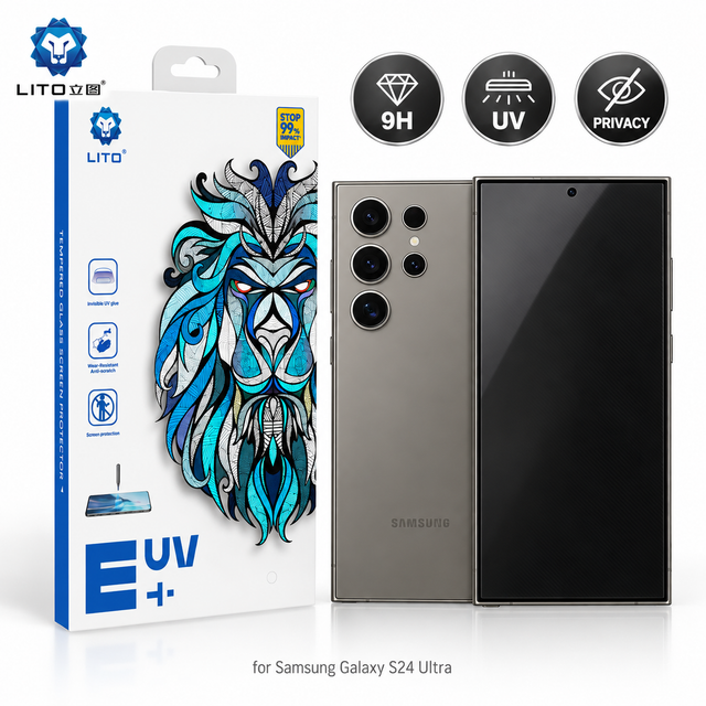 Folie Sticla UV Privacy Lito pentru Samsung Galaxy S24 Ultra, Instalare AUTOMATA cu UV Kit Box, Protectie Extinsa 9H, Anti-Spy Fumurie, 6.8 inch - imagine 1