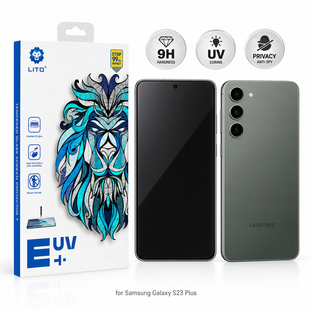 Folie Sticla UV Privacy Lito pentru Samsung Galaxy S23 Plus, Instalare AUTOMATA cu UV Kit Box, Protectie Extinsa 9H, Anti-Spy Fumurie, 6.6 inch - imagine 1