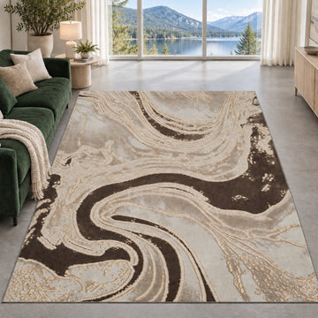Covor Lirofe Imperial Obsidian Crem Auriu - Efect Marmura Eleganta Modern - Living, Sufragerie, Dormitor, Bucatarie, Hol - Fir Scurt 12 mm, Usor de Curatat