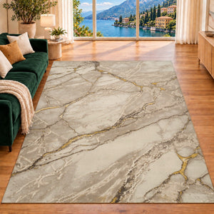 Covor Lirofe Imperial Carrara Crem Auriu - Efect Marmura Italiana Modern - Living, Sufragerie, Dormitor, Bucatarie, Hol - Fir Scurt 12 mm, Usor de Curatat