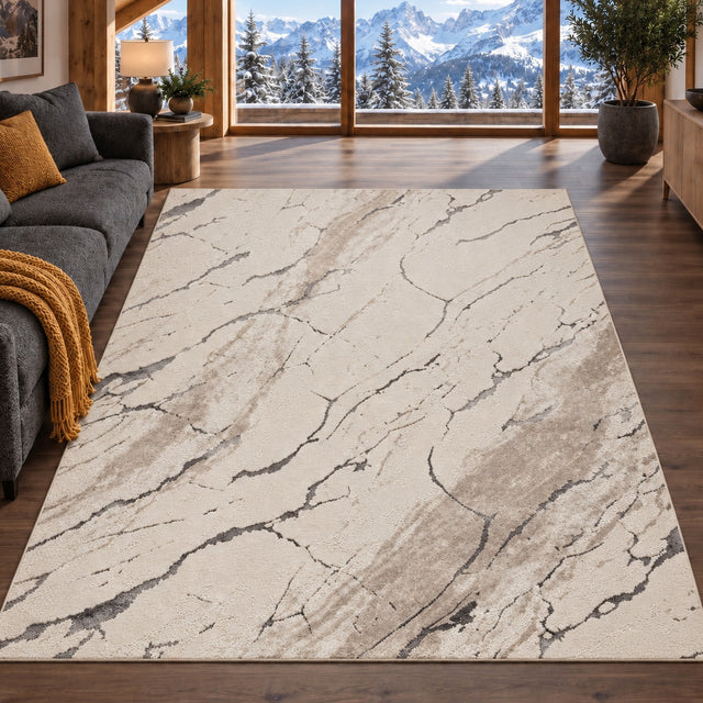 Covor Lirofe Royal Crem Gri - Efect Marmura Stralucitor Modern - Living, Sufragerie, Dormitor, Bucatarie, Hol - Fir Scurt 11 mm, Usor de Curatat
